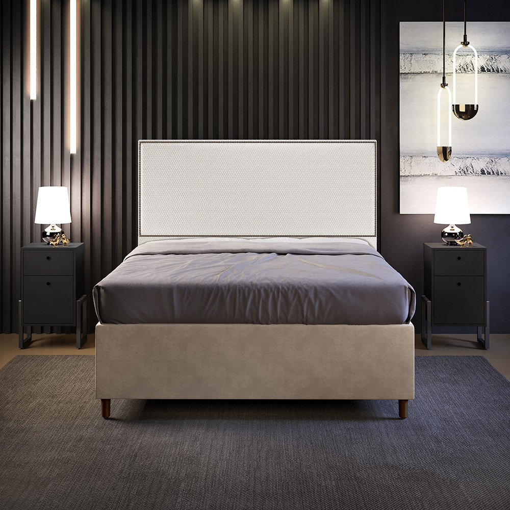 Cabeceira Casal Vicenza 140 cm Bouclê Cru L02 Com 02 Mesas De Cabeceira Work Preto - Lyam Decor