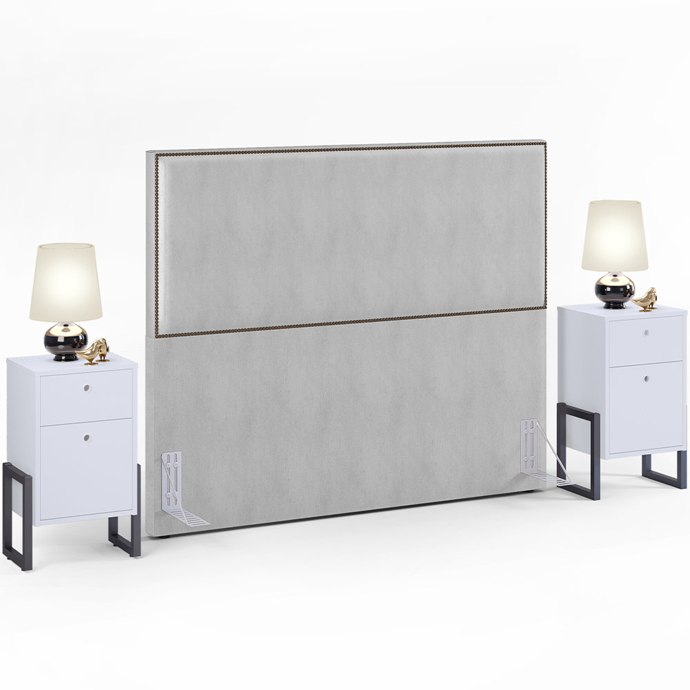 Cabeceira Casal Vicenza 140 cm Linho Cinza L02 Com 02 Mesas de Cabeceira Work Branco - Lyam Decor