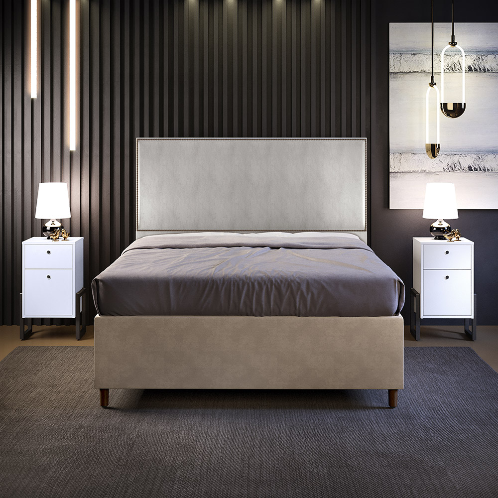 Cabeceira Casal Vicenza 140 cm Linho Cinza L02 Com 02 Mesas de Cabeceira Work Branco - Lyam Decor