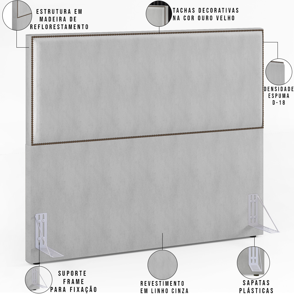 Cabeceira Casal Vicenza 140 cm Linho Cinza L02 Com 02 Mesas de Cabeceira Work Branco - Lyam Decor