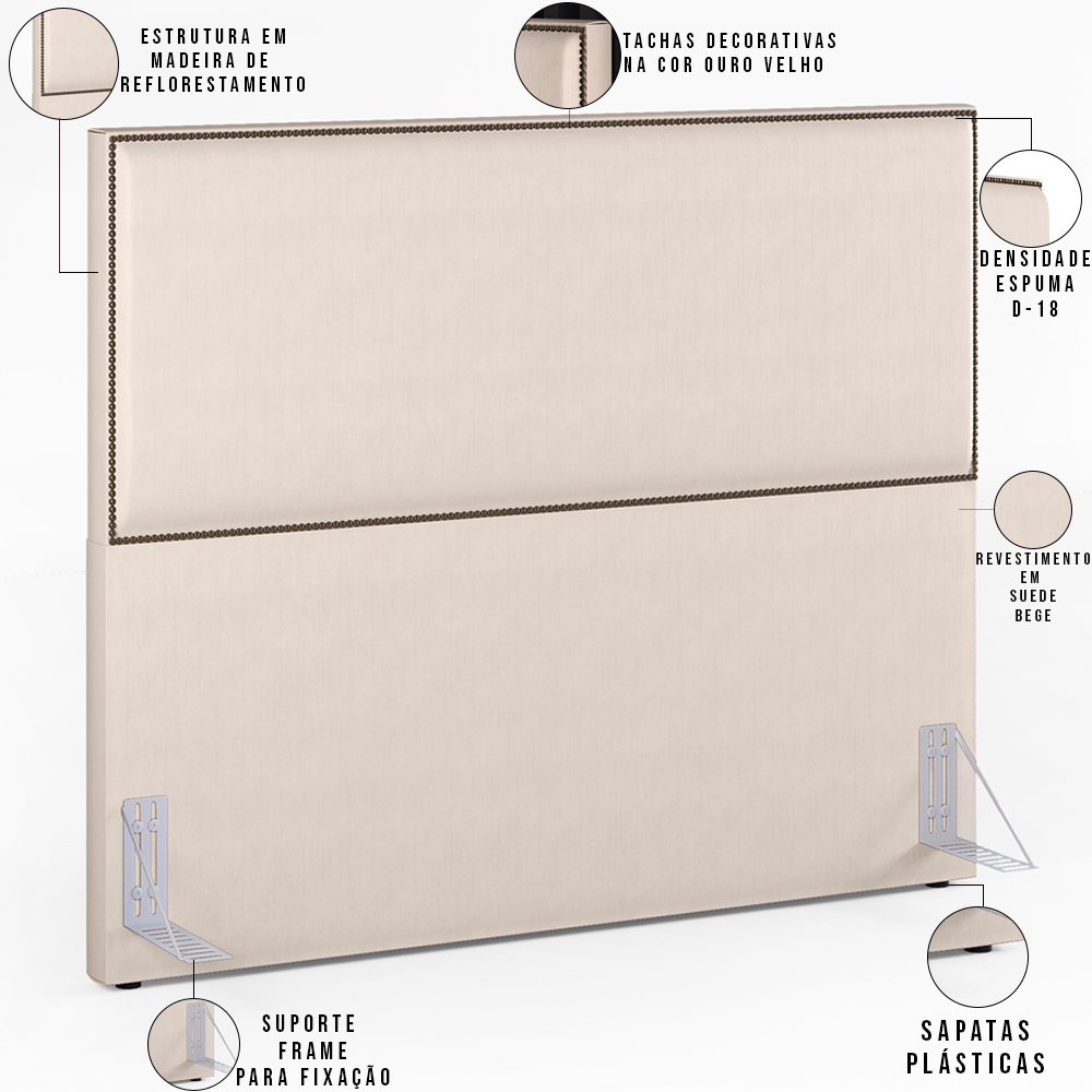 Cabeceira Casal Vicenza 140 cm Suede Bege L02 Com 02 Mesas de Cabeceira Work Branco - Lyam Decor