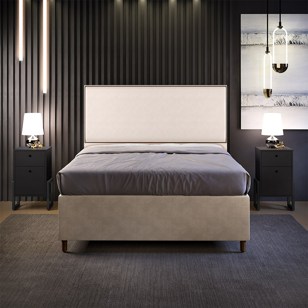 Cabeceira Casal Vicenza 140 cm Suede Bege L02 Com 02 Mesas de Cabeceira Work Preto - Lyam Decor