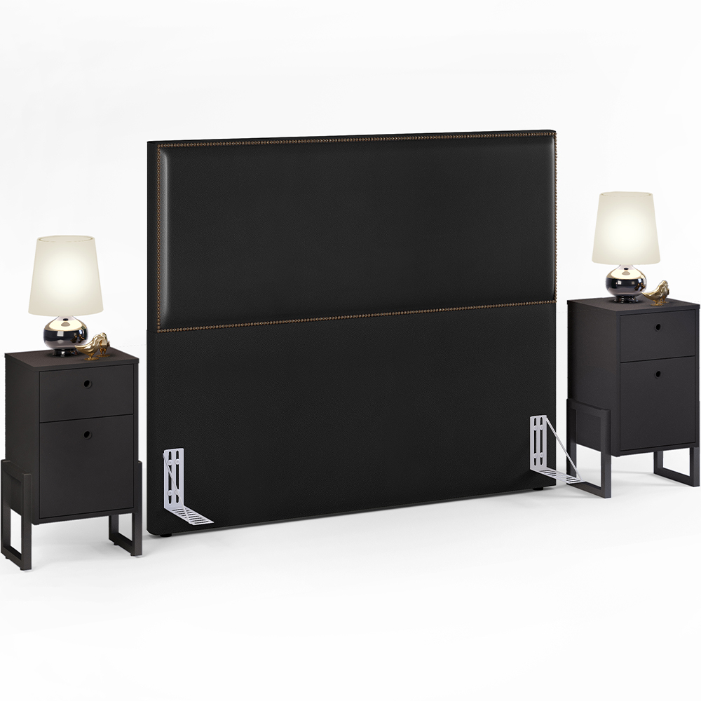 Cabeceira Casal Vicenza 140cm Couríssimo Preto L02 Com 02 Mesas de Cabeceira Work Preto - Lyam Decor