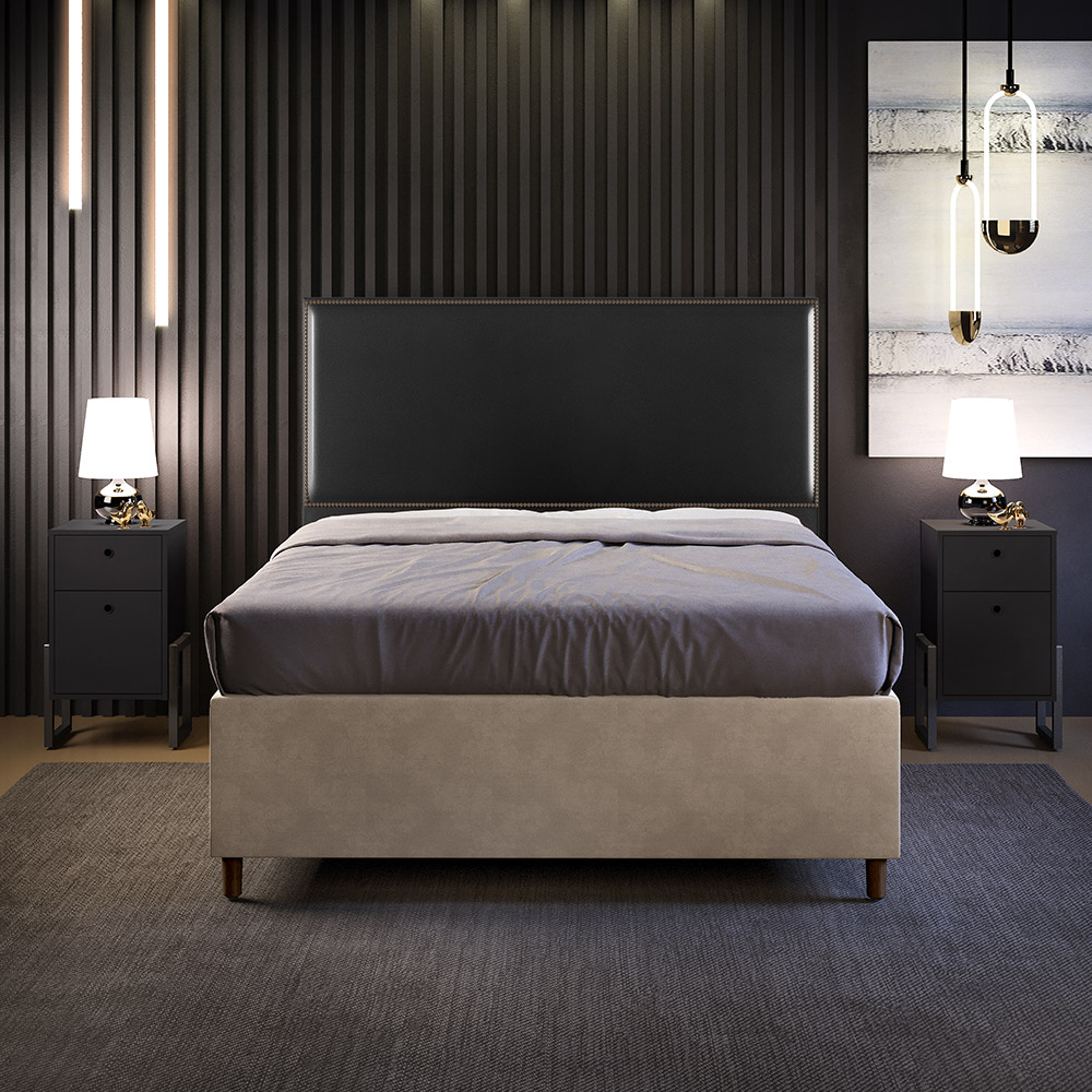 Cabeceira Casal Vicenza 140cm Couríssimo Preto L02 Com 02 Mesas de Cabeceira Work Preto - Lyam Decor