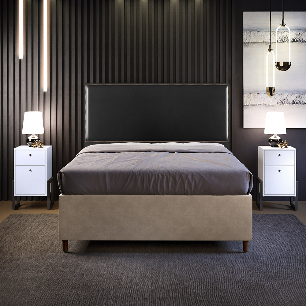 Cabeceira Casal Vicenza 140cm Couríssimo Preto L02 Com 2 Mesas de Cabeceira Work Branco - Lyam Decor