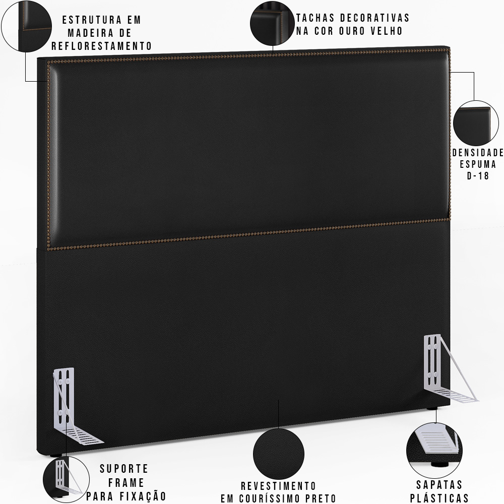 Cabeceira Casal Vicenza 140cm Couríssimo Preto L02 Com 2 Mesas de Cabeceira Work Branco - Lyam Decor