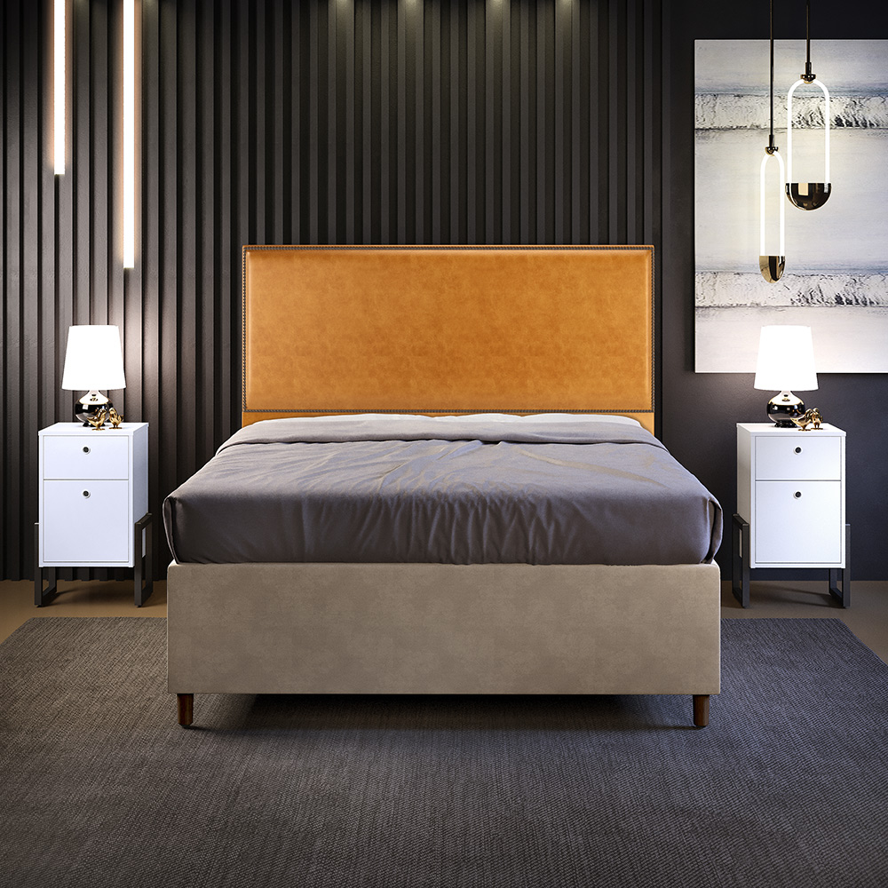 Cabeceira Casal Vicenza 140cm Couríssimo Whisky L02 E 2 Mesas De Cabeceira Work Branco - Lyam Decor