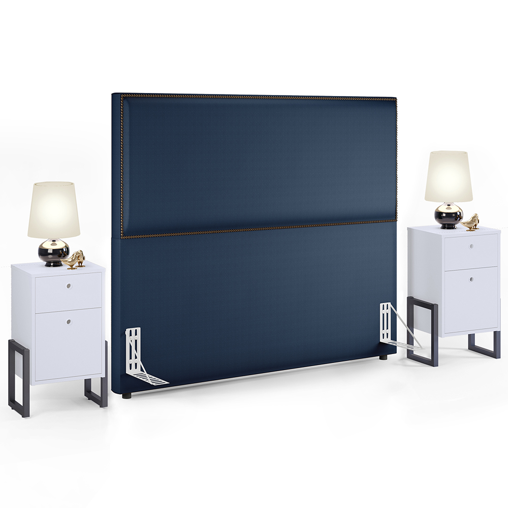 Cabeceira Casal Vicenza 140cm Facto Azul Marinho L02 E 2 Mesas De Cabeceira Work Branco - Lyam Decor