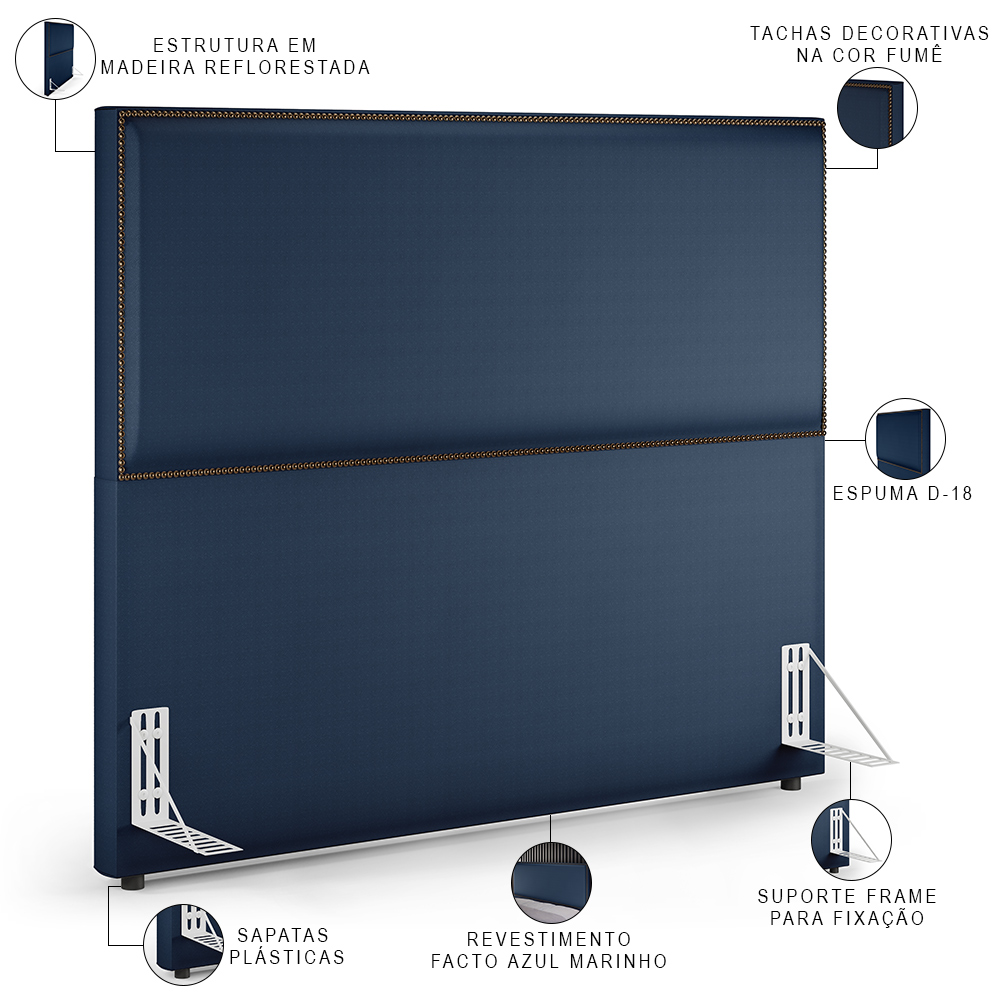 Cabeceira Casal Vicenza 140cm Facto Azul Marinho L02 E 2 Mesas De Cabeceira Work Branco - Lyam Decor