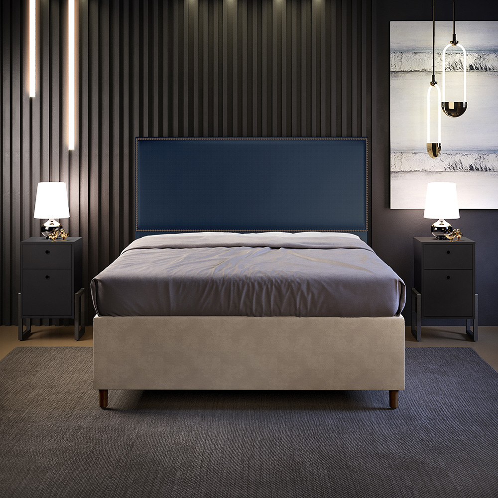 Cabeceira Casal Vicenza 140cm Facto Azul Marinho L02 E 2 Mesas De Cabeceira Work Preto - Lyam Decor