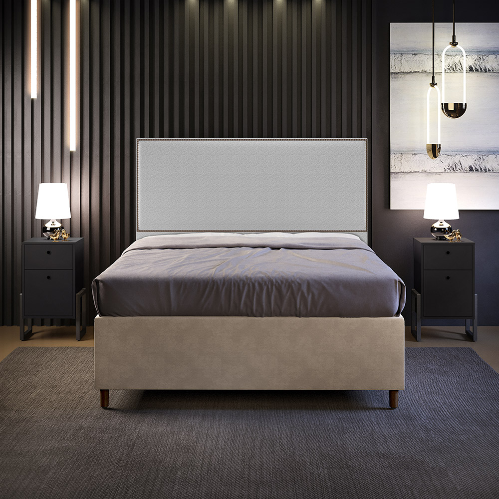 Cabeceira Casal Vicenza 160 cm Bouclê Cinza L02 Com 02 Mesas De Cabeceira Work Preto - Lyam Decor