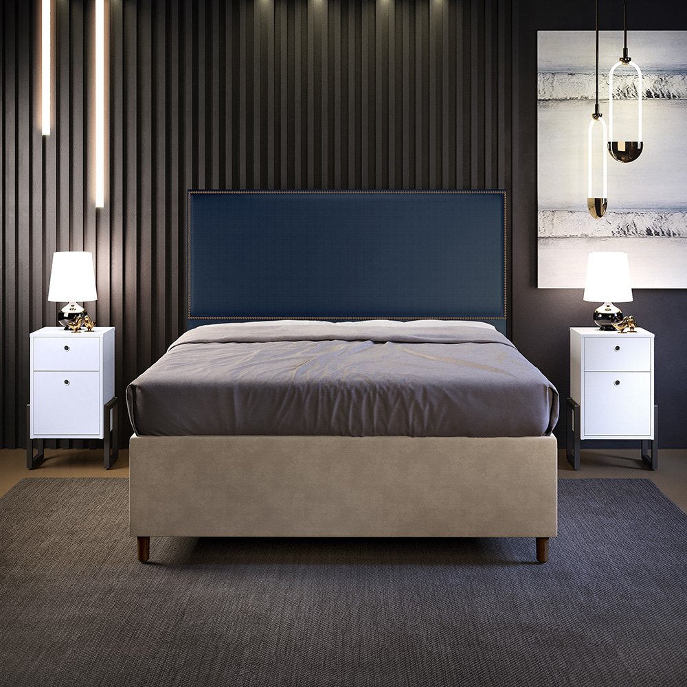 Cabeceira King Vicenza 195 Facto Azul Marinho L02 E 2 Mesas De Cabeceira Work Branco - Lyam Decor