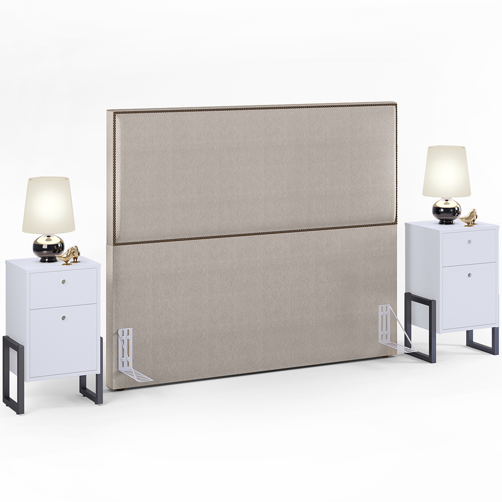 Cabeceira Queen Vicenza 160 cm Linho Bege L02 Com 02 Mesas de Cabeceira Work Branco - Lyam Decor