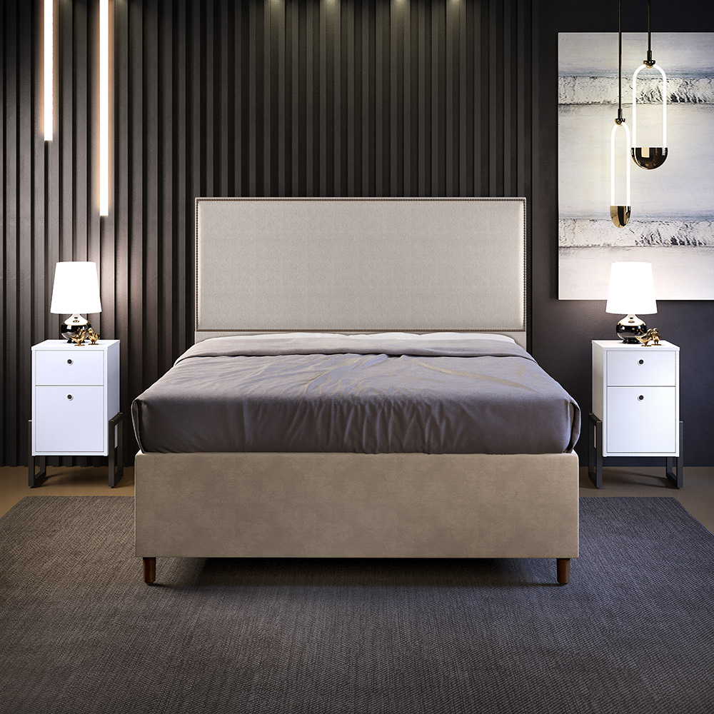 Cabeceira Queen Vicenza 160 cm Linho Bege L02 Com 02 Mesas de Cabeceira Work Branco - Lyam Decor