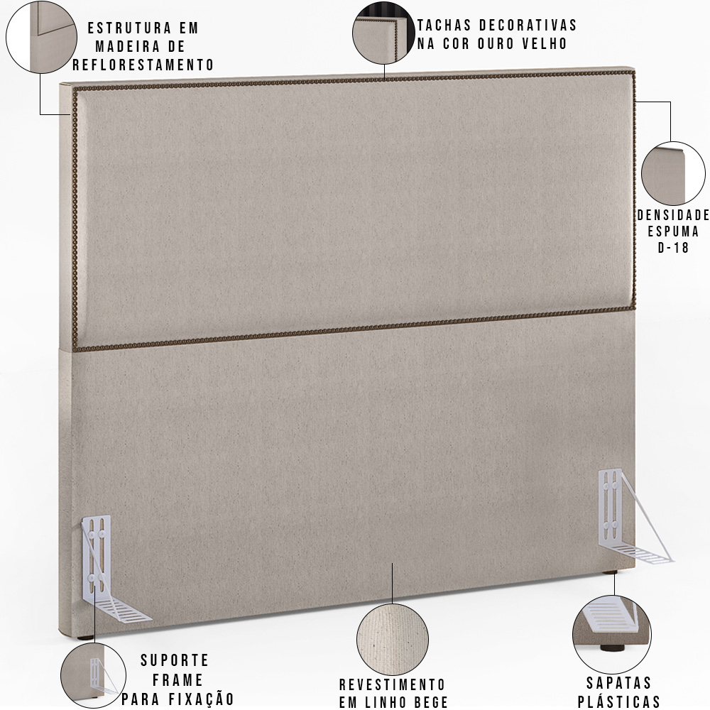 Cabeceira Queen Vicenza 160 cm Linho Bege L02 Com 02 Mesas de Cabeceira Work Branco - Lyam Decor