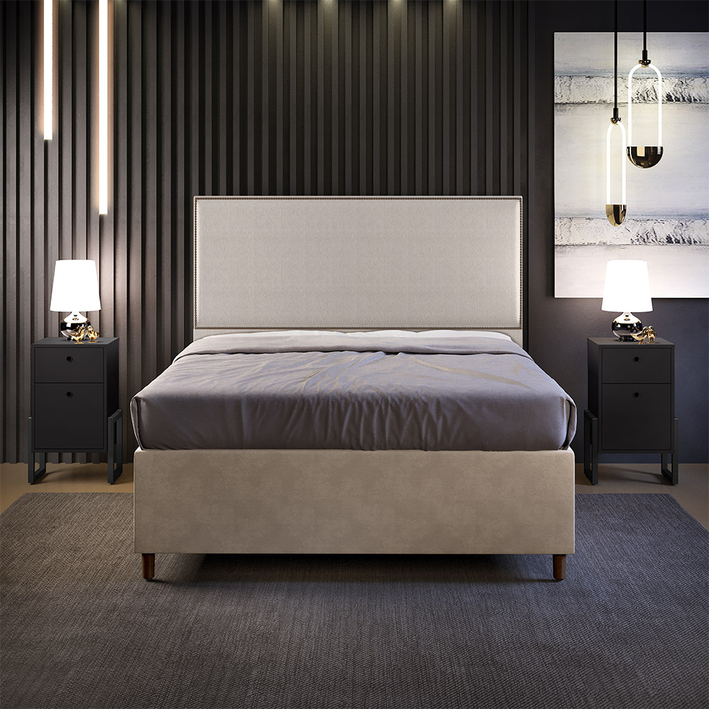 Cabeceira Queen Vicenza 160 cm Linho Bege L02 Com 02 Mesas de Cabeceira Work Preto - Lyam Decor