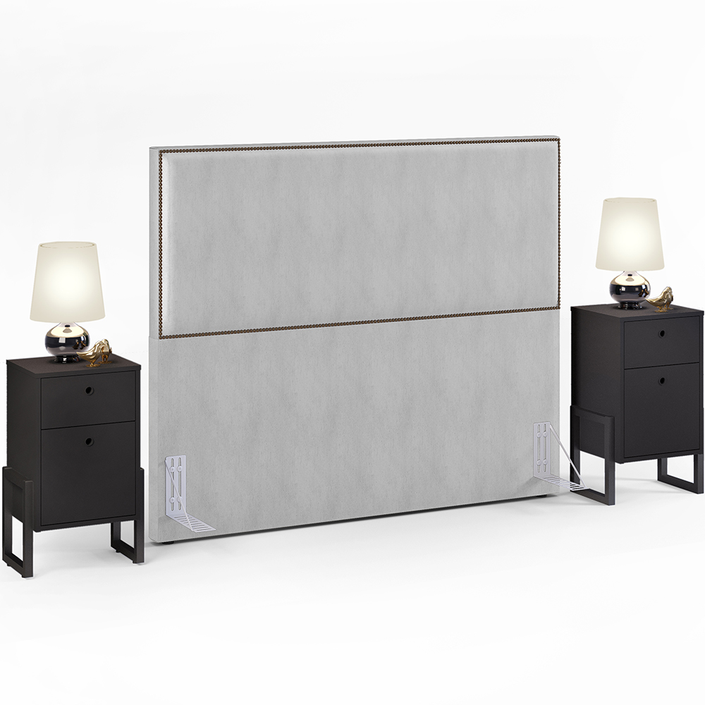 Cabeceira Queen Vicenza 160 cm Linho Cinza L02 Com 02 Mesas de Cabeceira Work Preto - Lyam Decor