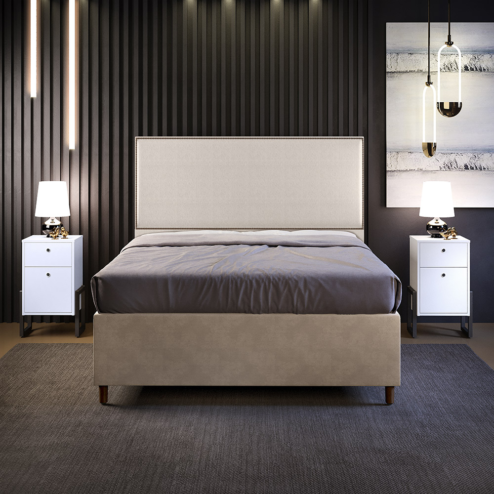 Cabeceira Queen Vicenza 160 cm Linho Cru L02 Com 02 Mesas de Cabeceira Work Branco - Lyam Decor