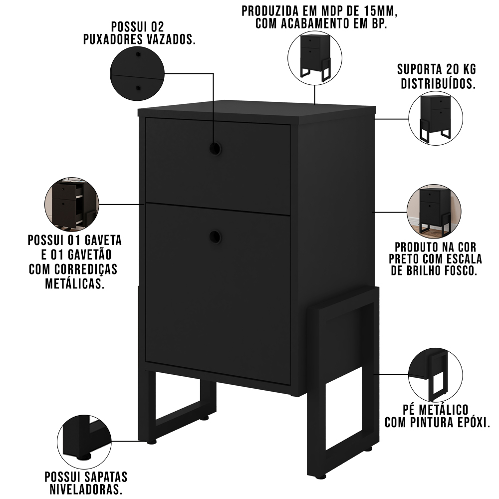 Cabeceira Queen Vicenza 160 cm Linho Cru L02 Com 02 Mesas de Cabeceira Work Preto - Lyam Decor