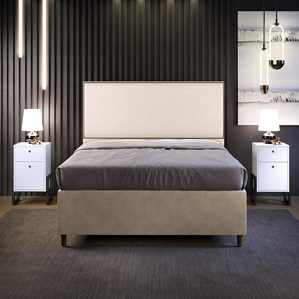 Cabeceira Queen Vicenza 160 cm Suede Bege L02 Com 02 Mesa de Cabeceira Work Branco - Lyam Decor