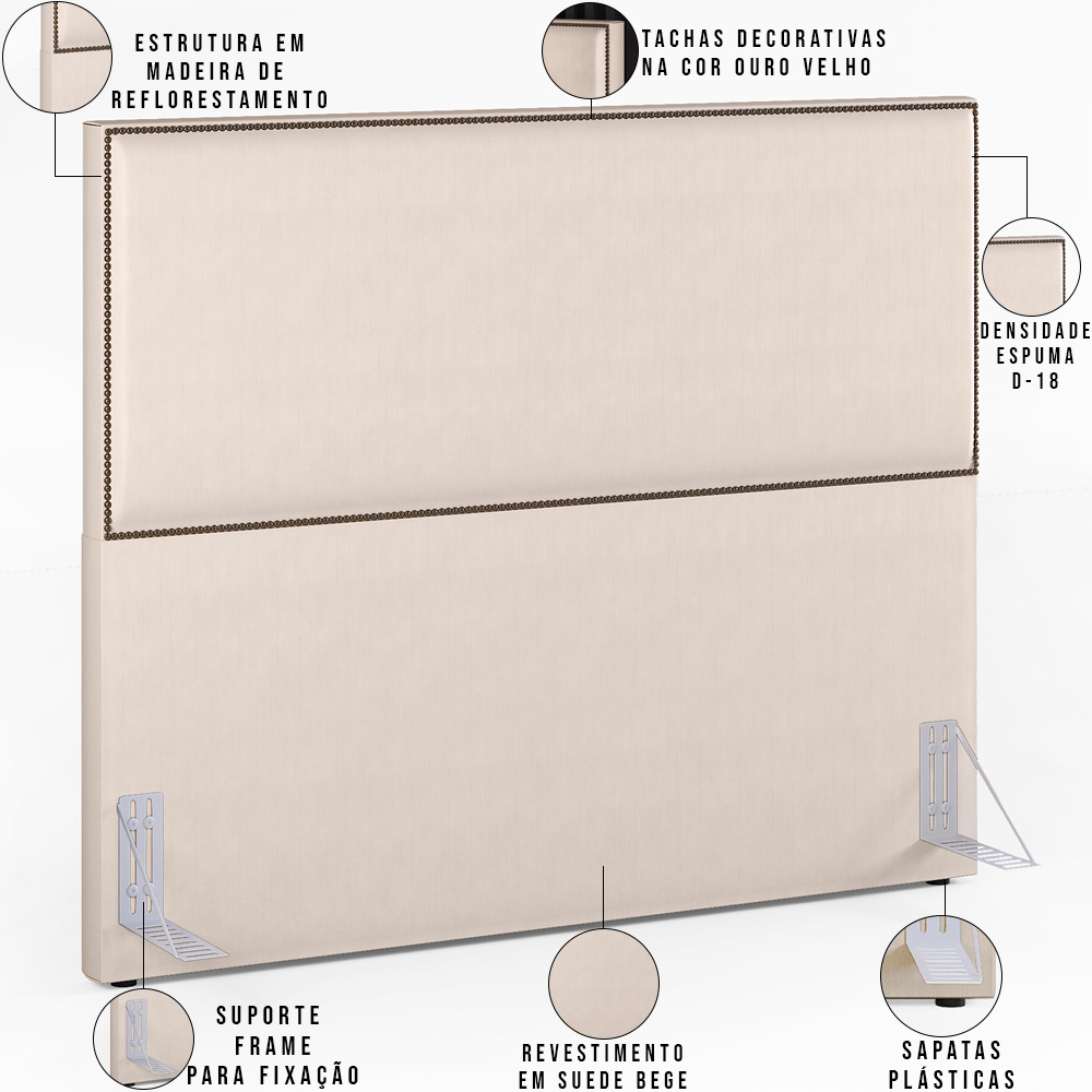 Cabeceira Queen Vicenza 160 cm Suede Bege L02 Com 02 Mesa de Cabeceira Work Preto - Lyam Decor