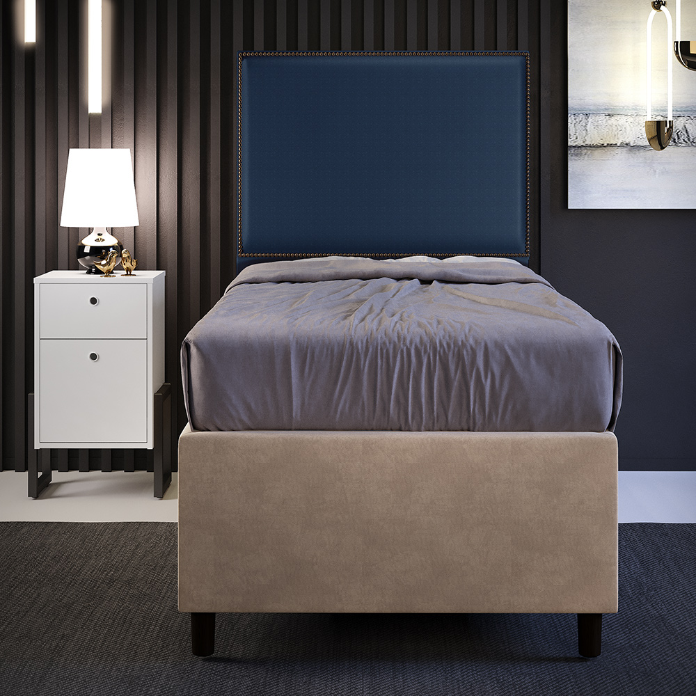 Cabeceira Solteiro Vicenza 100 L02 Facto Azul Marinho E 1 Mesa De Cabeceira Work Branco - Lyam Decor