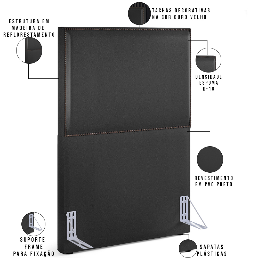 Cabeceira Solteiro Vicenza 100 cm Couríssimo Preto L02 Com Mesa de Cabeceira Work Branco - Lyam Decor