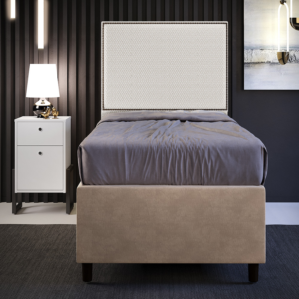 Cabeceira Solteiro Vicenza 100 cm L02 Bouclê Cru Com 01 Mesa de Cabeceira Work Branco - Lyam Decor