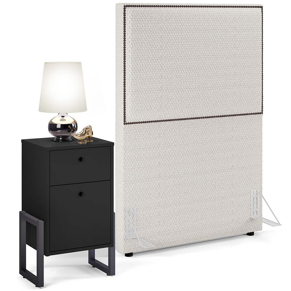 Cabeceira Solteiro Vicenza 100 cm L02 Bouclê Cru Com 01 Mesa de Cabeceira Work Preto - Lyam Decor