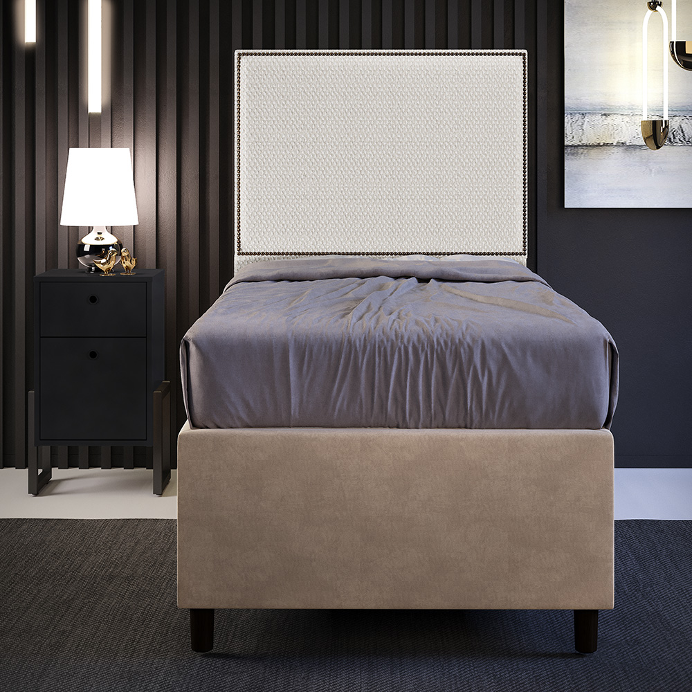 Cabeceira Solteiro Vicenza 100 cm L02 Bouclê Cru Com 01 Mesa de Cabeceira Work Preto - Lyam Decor