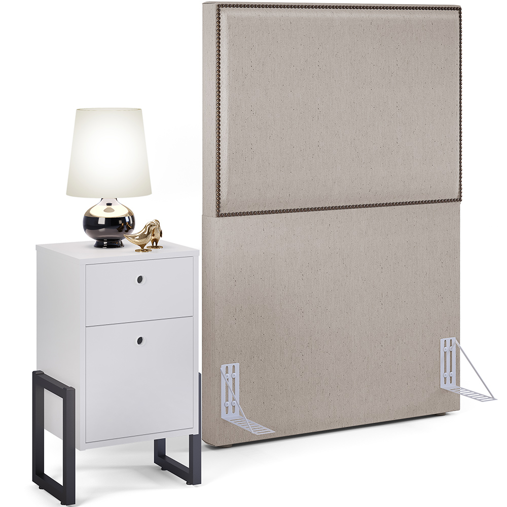Cabeceira Solteiro Vicenza 100 cm Linho Bege L02 Com 01 Mesa de Cabeceira Work Branco - Lyam Decor