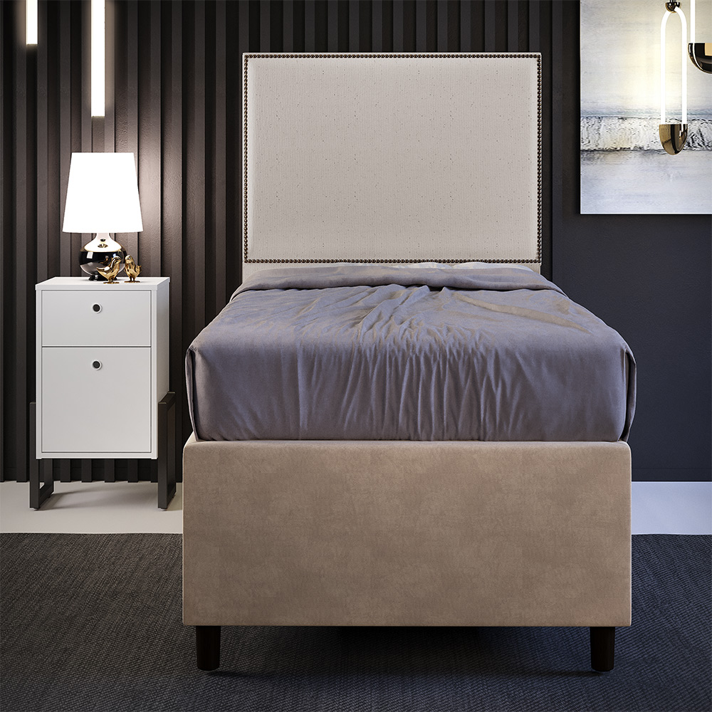Cabeceira Solteiro Vicenza 100 cm Linho Bege L02 Com 01 Mesa de Cabeceira Work Branco - Lyam Decor