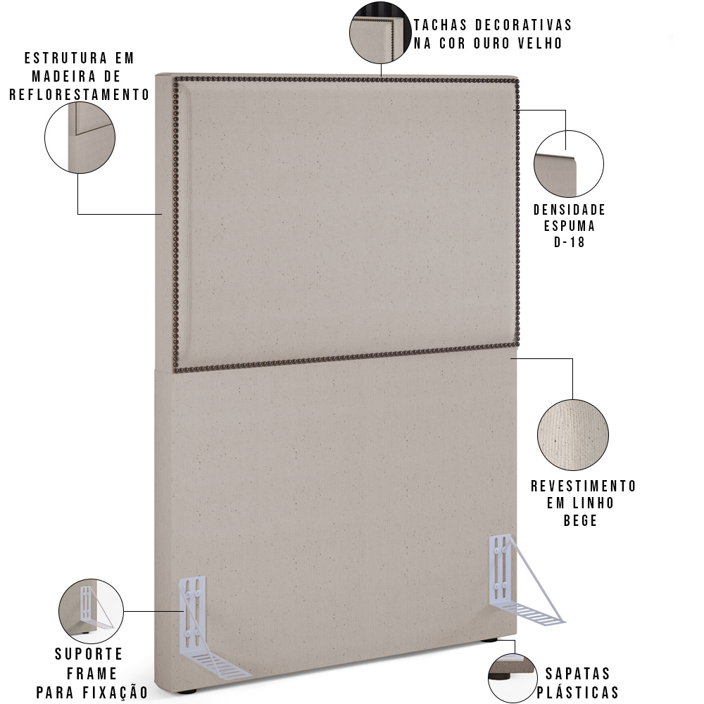 Cabeceira Solteiro Vicenza 100 cm Linho Bege L02 Com 01 Mesa de Cabeceira Work Branco - Lyam Decor