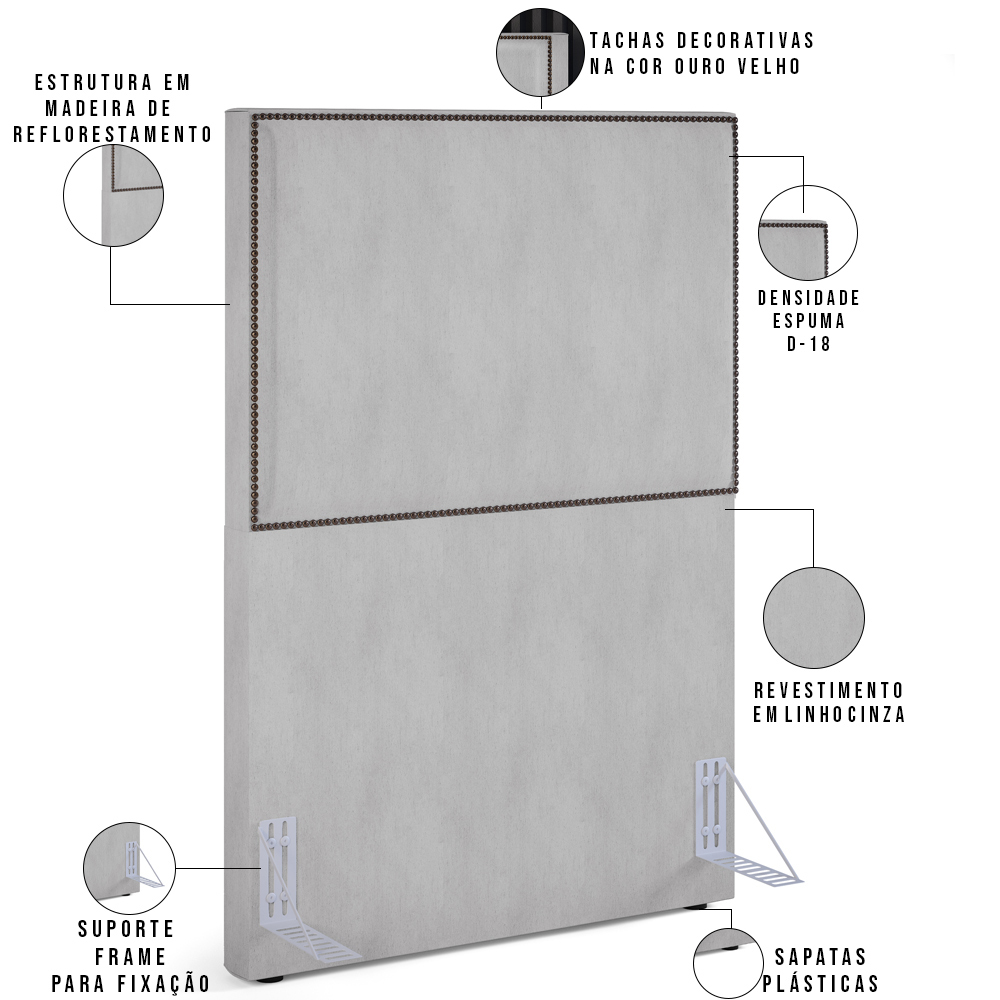 Cabeceira Solteiro Vicenza 100 cm Linho Cinza L02 Com 01 Mesa de Cabeceira Work Branco - Lyam Decor