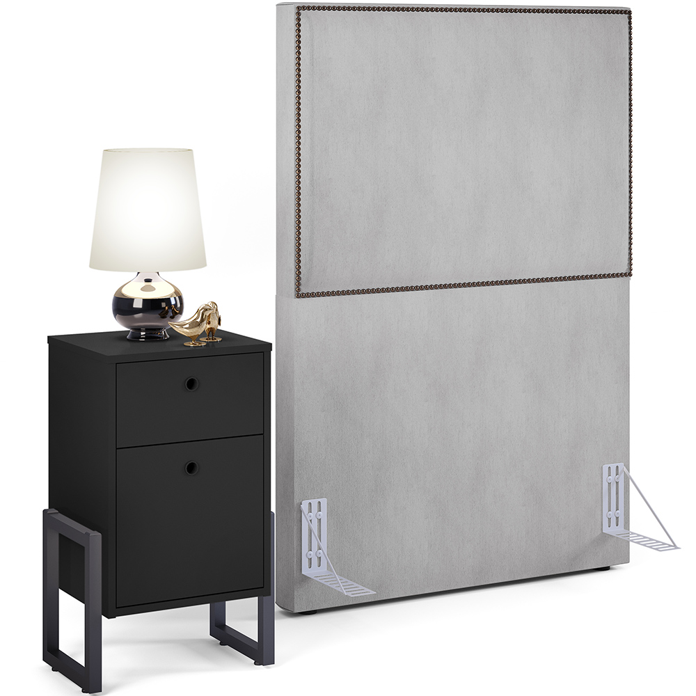 Cabeceira Solteiro Vicenza 100 cm Linho Cinza L02 Com 01 Mesa de Cabeceira Work Preto - Lyam Decor