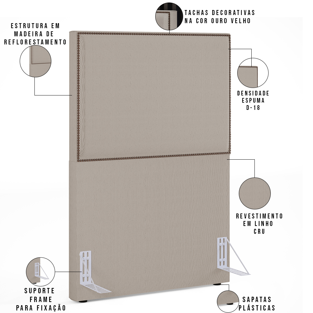 Cabeceira Solteiro Vicenza 100 cm Linho Cru L02 Com 01 Mesa de Cabeceira Work Branco - Lyam Decor