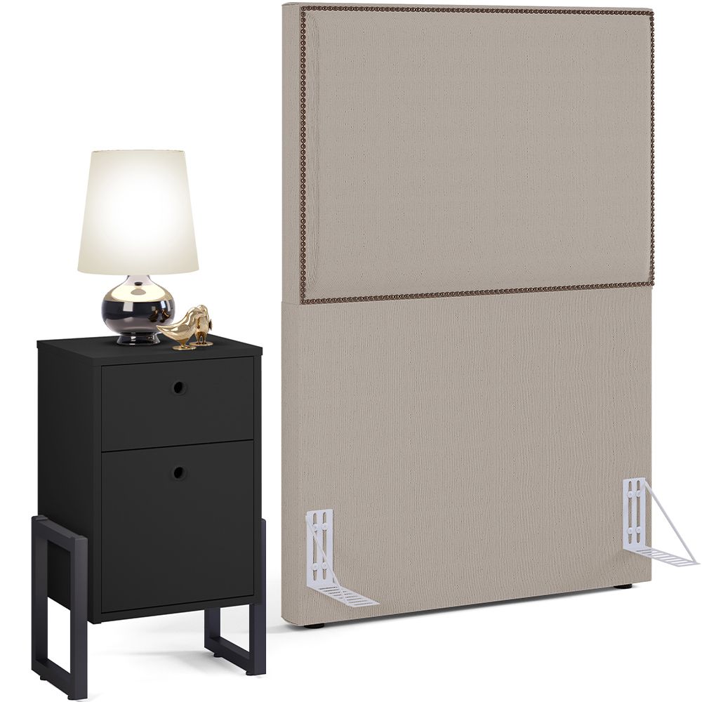 Cabeceira Solteiro Vicenza 100 cm Linho Cru L02 Com 01 Mesa de Cabeceira Work Preto - Lyam Decor