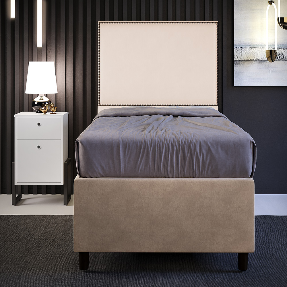 Cabeceira Solteiro Vicenza 100 cm Suede Bege L02 Com 01 Mesa de Cabeceira Work Branco - Lyam Decor