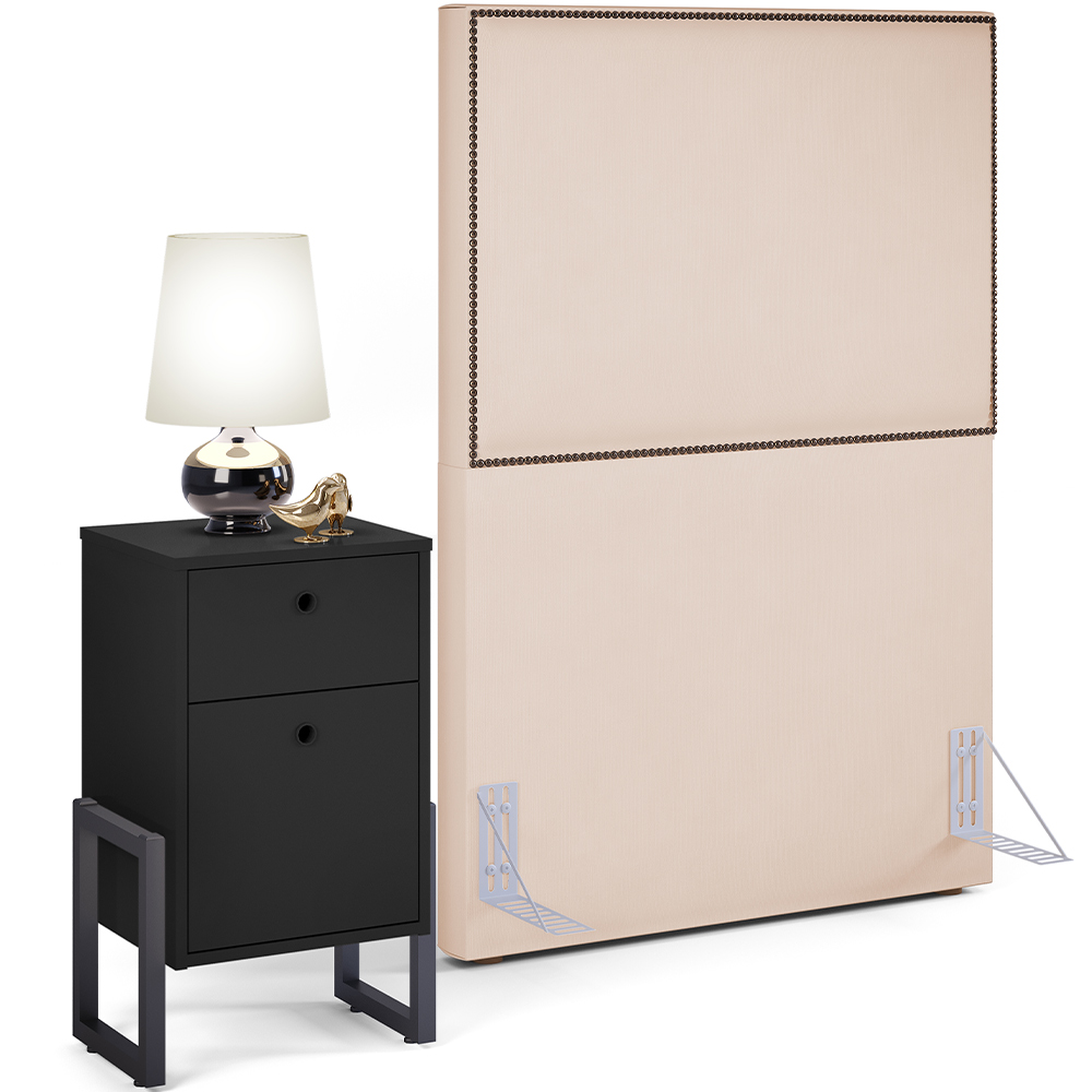 Cabeceira Solteiro Vicenza 100 cm Suede Bege L02 Com 01 Mesa de Cabeceira Work Preto - Lyam Decor