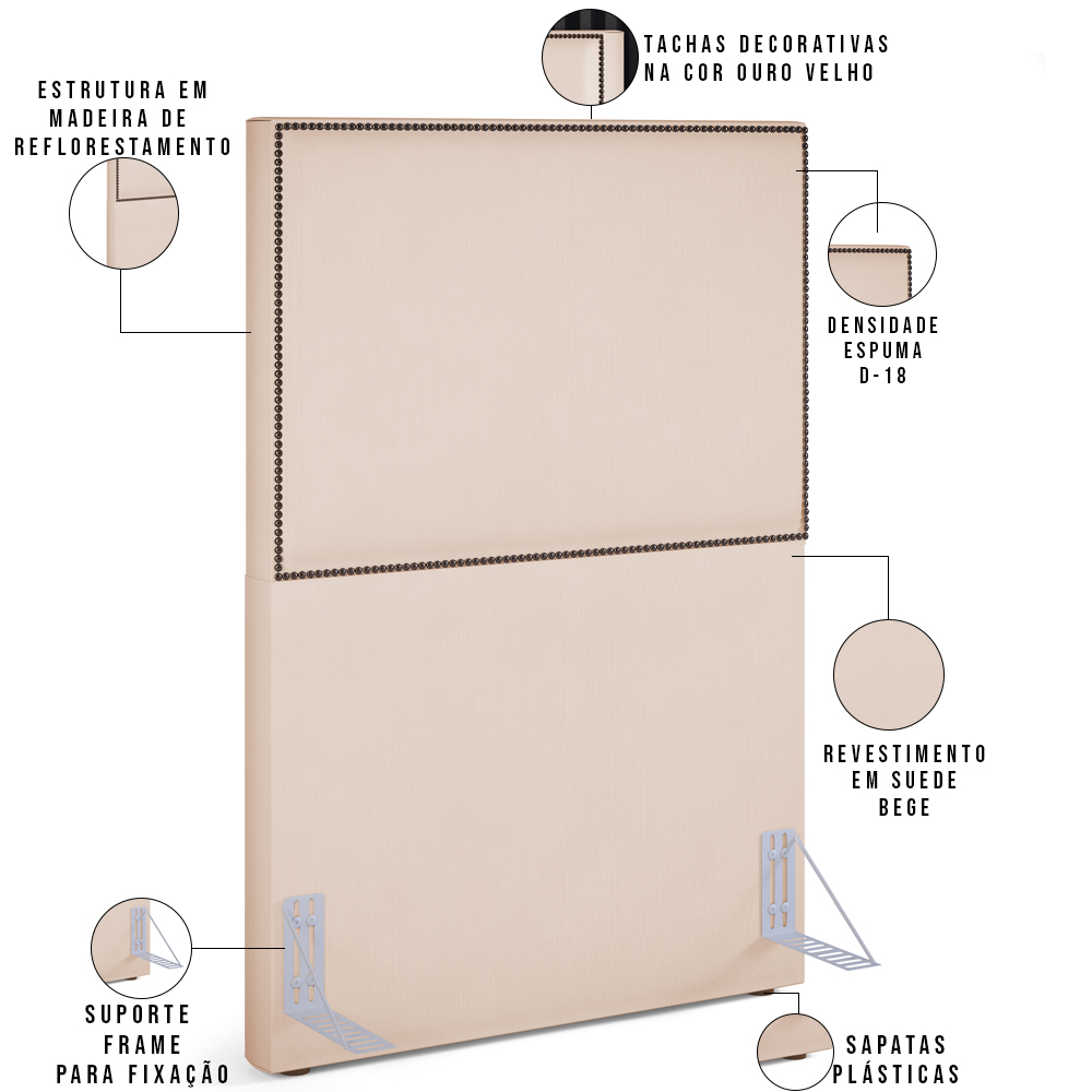 Cabeceira Solteiro Vicenza 100 cm Suede Bege L02 Com 01 Mesa de Cabeceira Work Preto - Lyam Decor