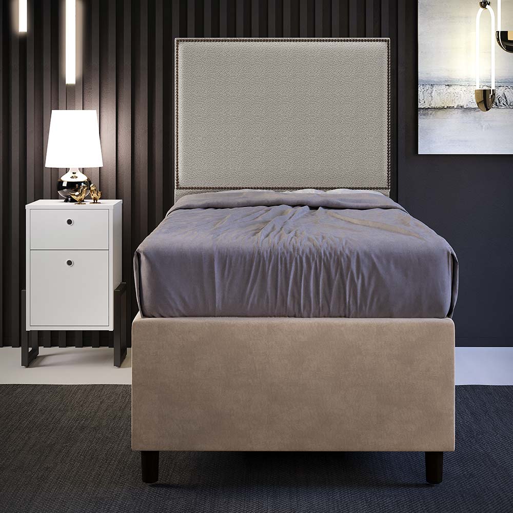 Cabeceira Solteiro Vicenza 100cm L02 Bouclê Bege Com 01 Mesa de Cabeceira Work Branco - Lyam Decor