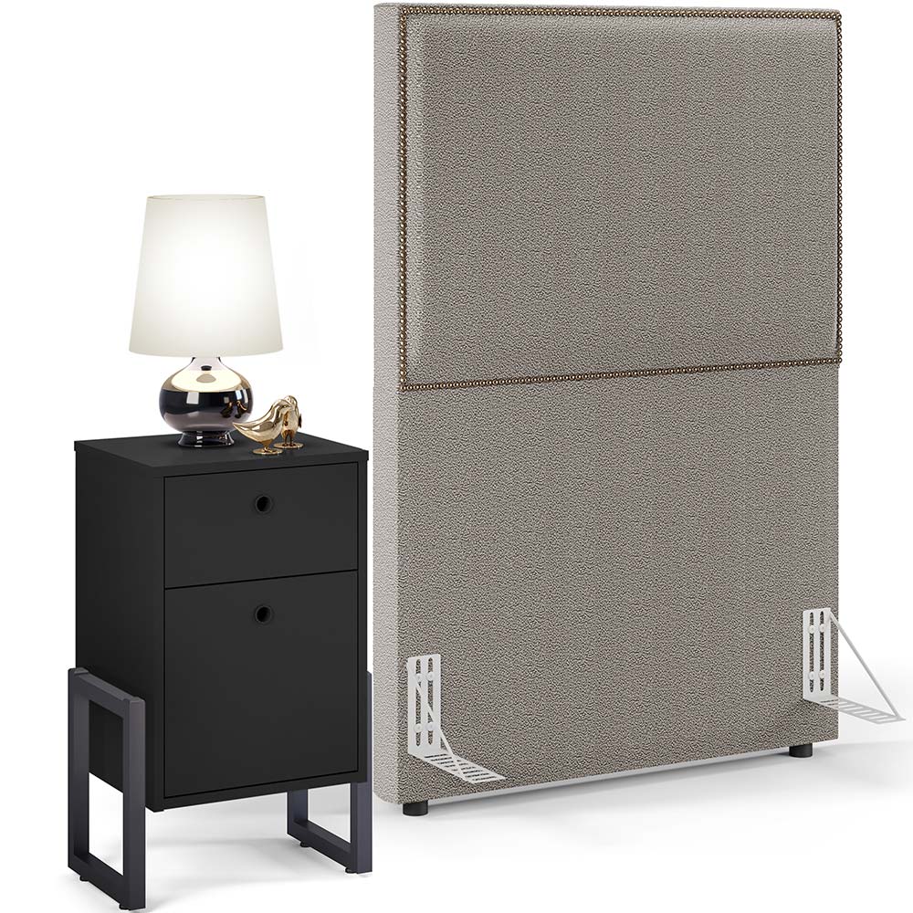 Cabeceira Solteiro Vicenza 100cm L02 Bouclê Bege Com 01 Mesa de Cabeceira Work Preto - Lyam Decor