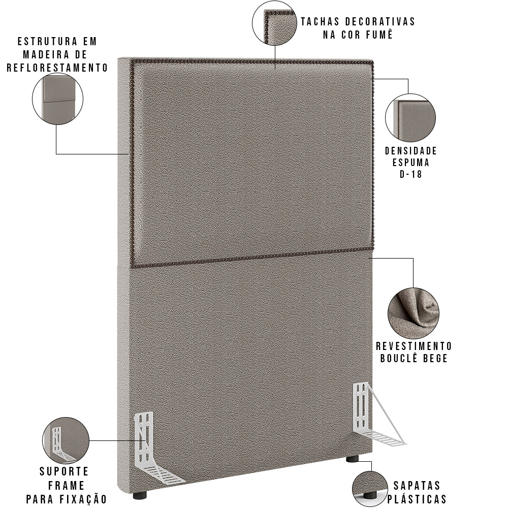 Cabeceira Solteiro Vicenza 100cm L02 Bouclê Bege Com 01 Mesa de Cabeceira Work Preto - Lyam Decor