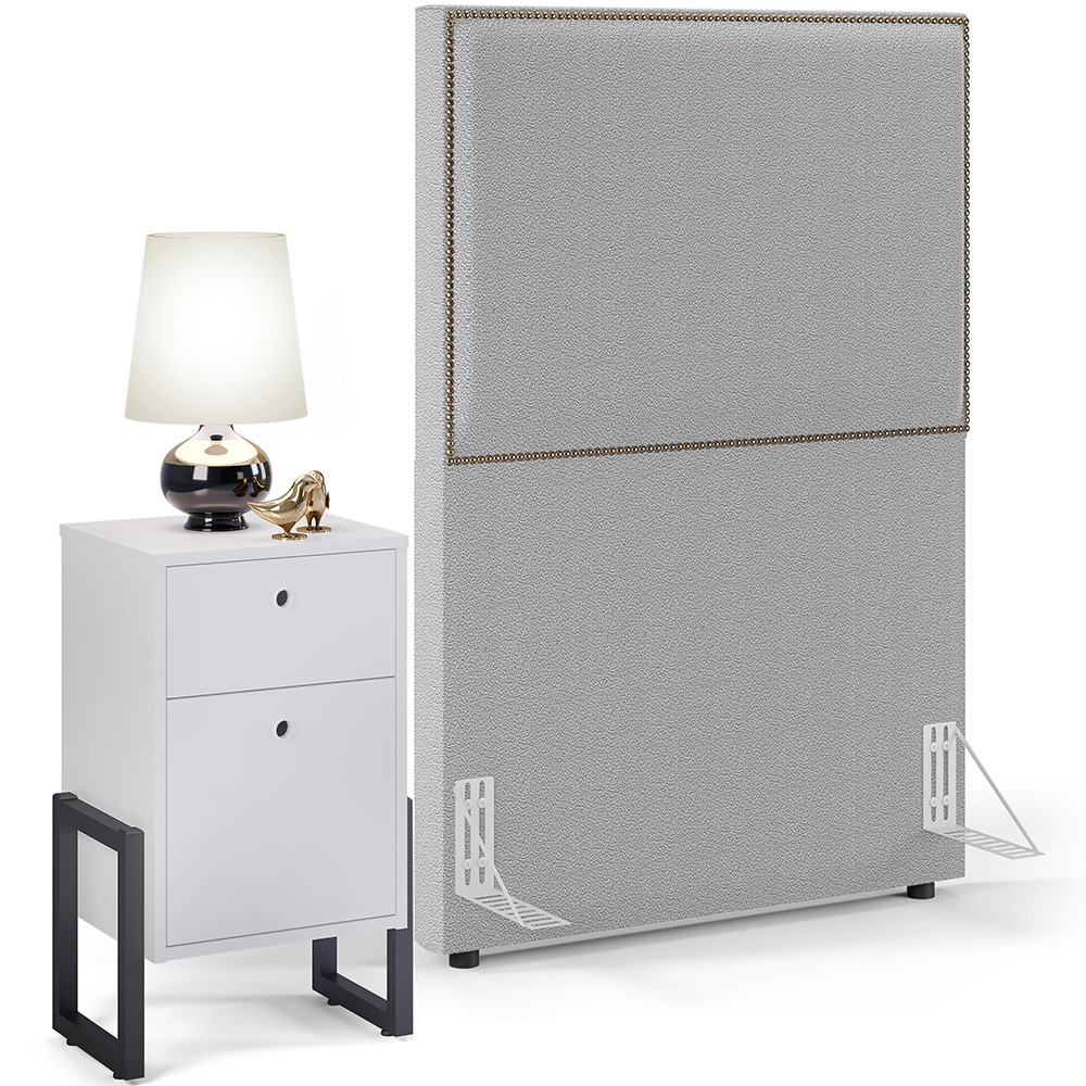 Cabeceira Solteiro Vicenza 100cm L02 Bouclê Cinza Com 1 Mesa de Cabeceira Work Branco - Lyam Decor