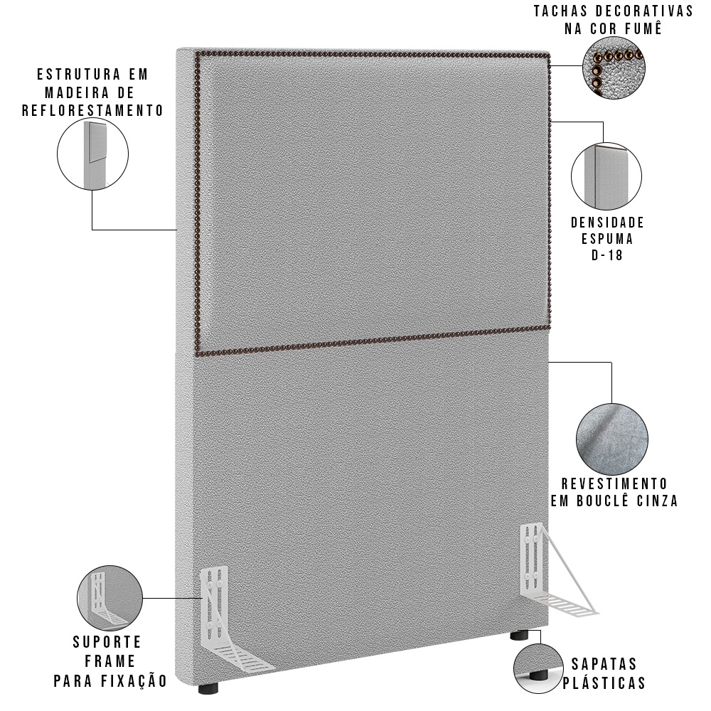 Cabeceira Solteiro Vicenza 100cm L02 Bouclê Cinza Com 1 Mesa de Cabeceira Work Branco - Lyam Decor