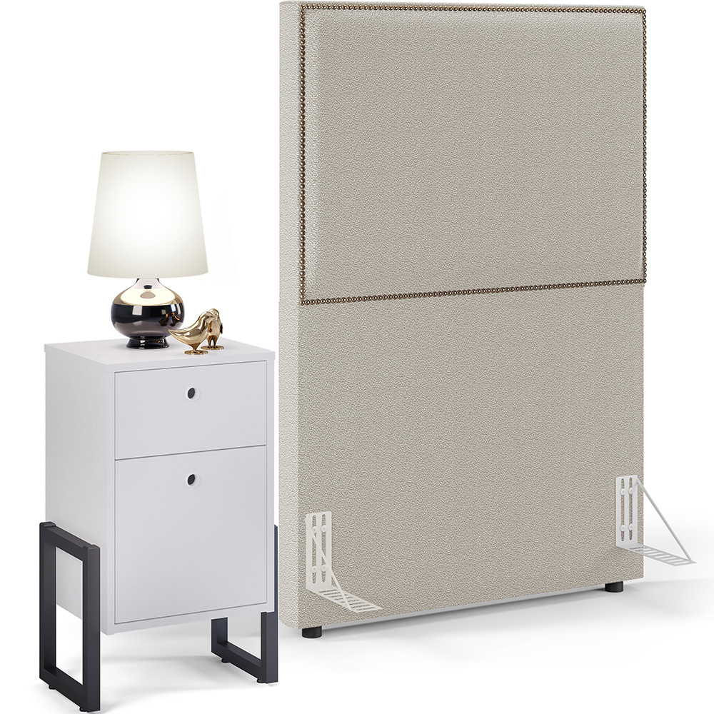 Cabeceira Solteiro Vicenza 100cm L02 Bouclê Creme Com 1 Mesa de Cabeceira Work Branco - Lyam Decor