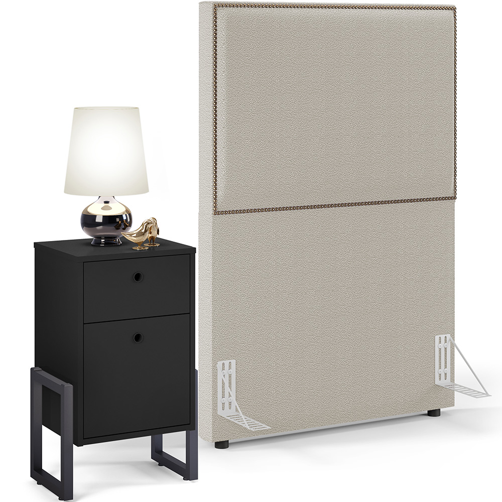 Cabeceira Solteiro Vicenza 100cm L02 Bouclê Creme Com 1 Mesa de Cabeceira Work Preto - Lyam Decor