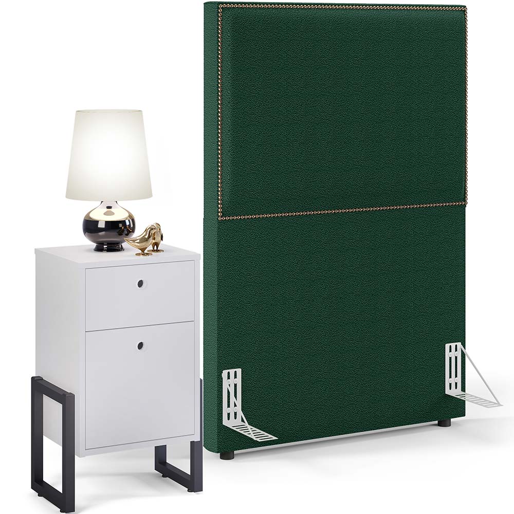 Cabeceira Solteiro Vicenza 100cm L02 Bouclê Verde Com 01 Mesa de Cabeceira Work Branco - Lyam Decor
