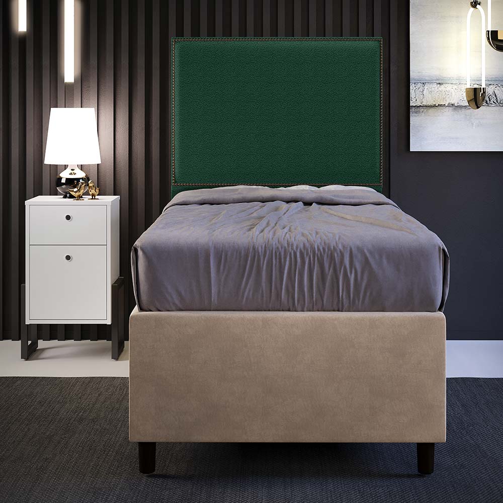 Cabeceira Solteiro Vicenza 100cm L02 Bouclê Verde Com 01 Mesa de Cabeceira Work Branco - Lyam Decor