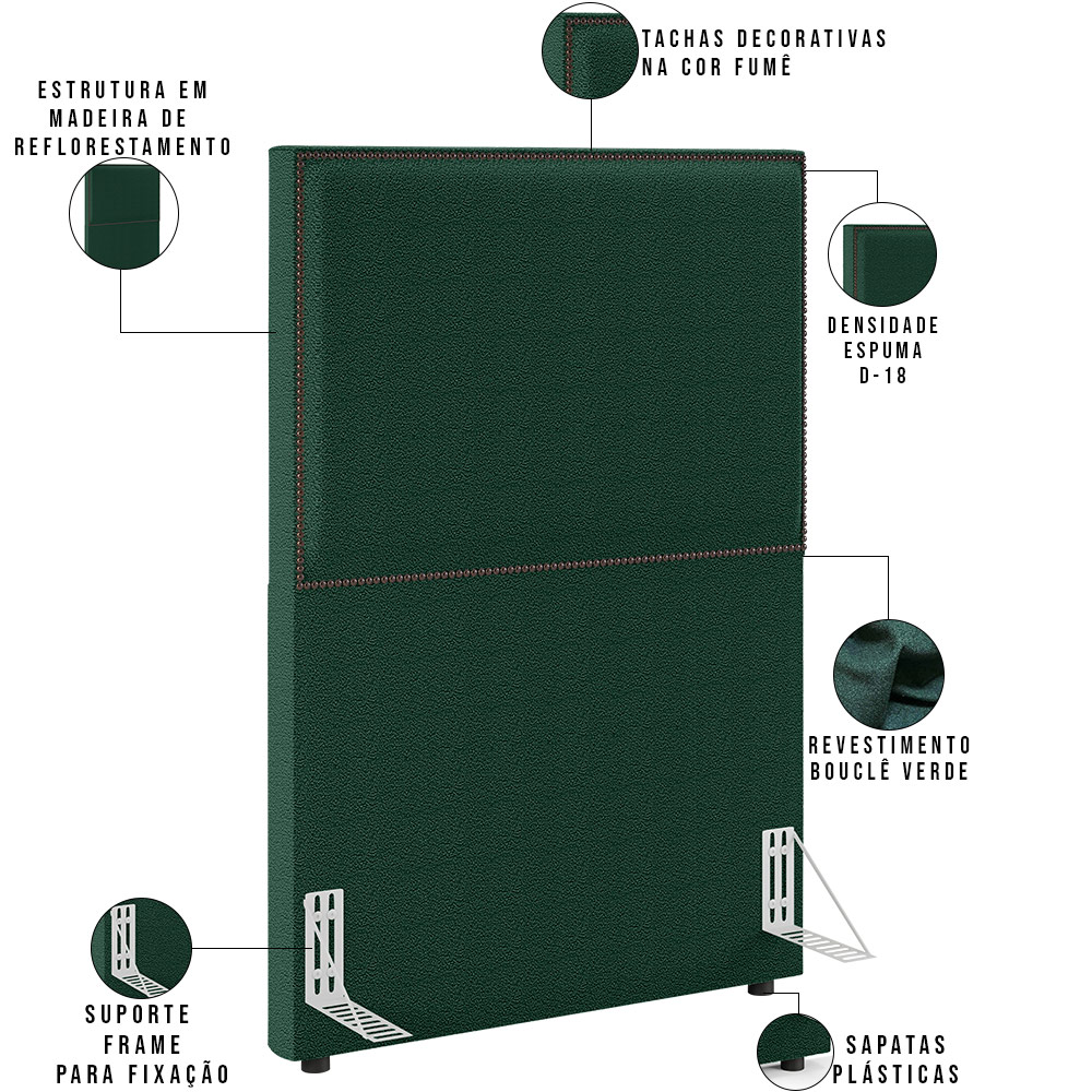 Cabeceira Solteiro Vicenza 100cm L02 Bouclê Verde Com 01 Mesa de Cabeceira Work Branco - Lyam Decor